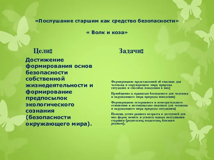 «Послушание старшим как средство безопасности» « Волк и коза» Цели: Достижение формирования основ