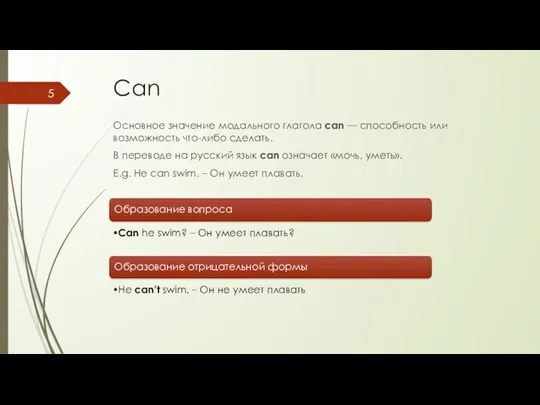Can Основное значение модального глагола can — способность или возможность