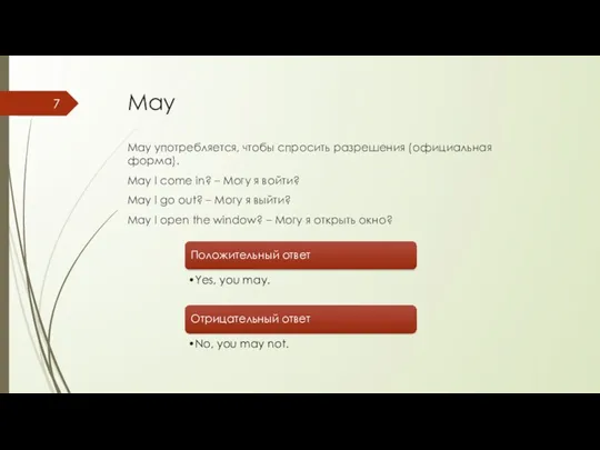 May May употребляется, чтобы спросить разрешения (официальная форма). May I