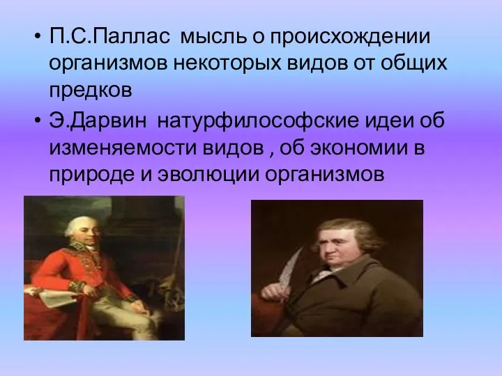 П.С.Паллас мысль о происхождении организмов некоторых видов от общих предков Э.Дарвин натурфилософские идеи