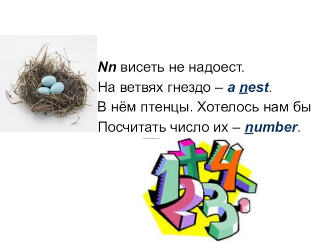 Nn висеть не надоест. На ветвях гнездо – a nest.