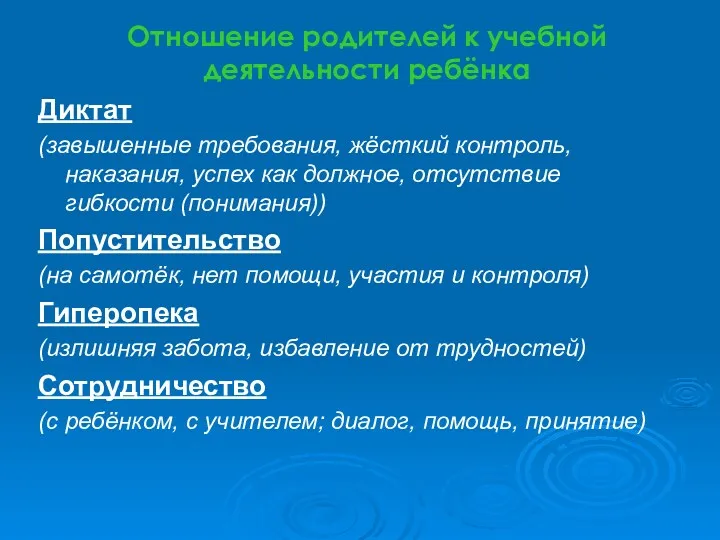 Отношение родителей к учебной деятельности ребёнка Диктат (завышенные требования, жёсткий