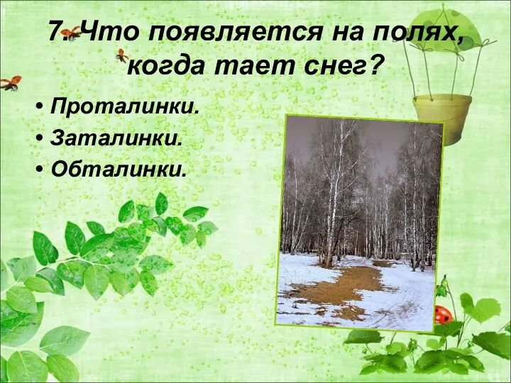 7. Что появляется на полях, когда тает снег? Проталинки. Заталинки. Обталинки.