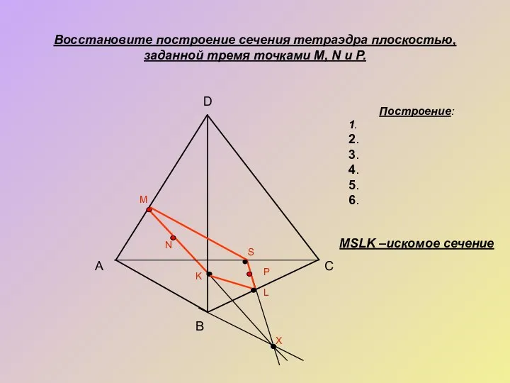 Восстановите построение сечения тетраэдра плоскостью, заданной тремя точками M, N