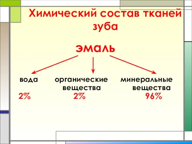 Химический состав тканей зуба эмаль вода органические минеральные вещества вещества 2% 2% 96%