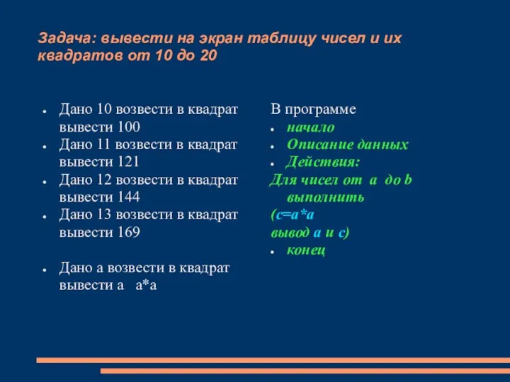 Задача: вывести на экран таблицу чисел и их квадратов от 10 до 20