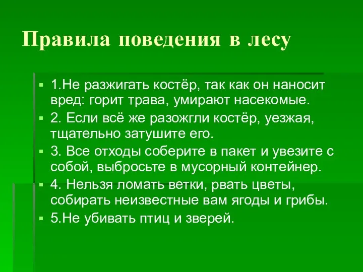 Правила поведения в лесу 1.Не разжигать костёр, так как он