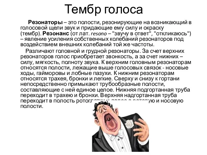 Тембр голоса Резонаторы – это полости, резонирующие на возникающий в