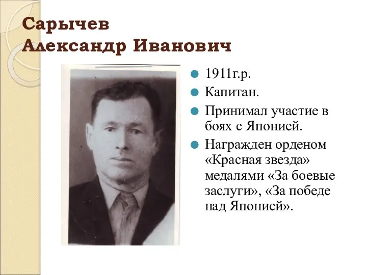 Сарычев Александр Иванович 1911г.р. Капитан. Принимал участие в боях с