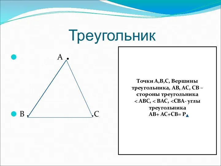 Треугольник А . В . .С Точки А,В,С, Вершины треугольника,