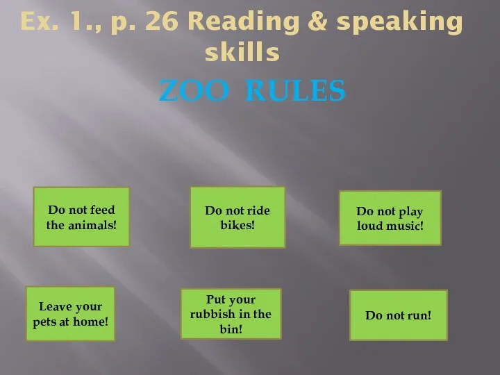 Ex. 1., p. 26 Reading & speaking skills ZOO RULES