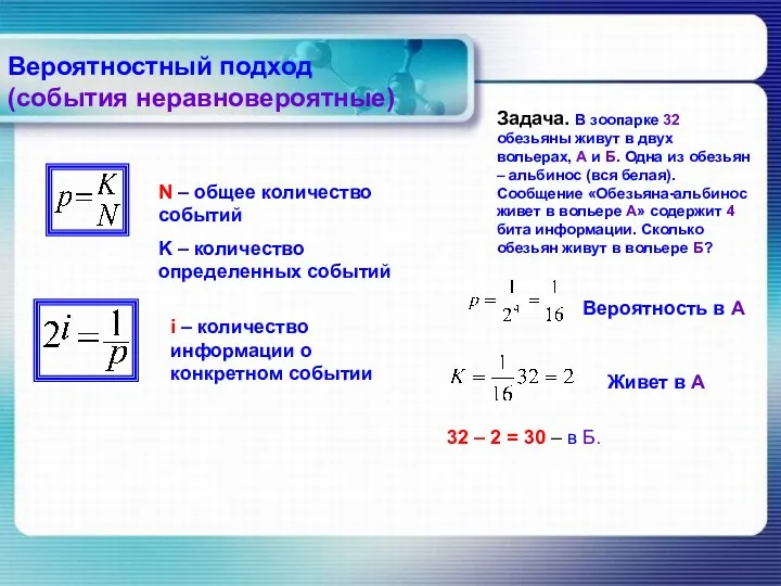 Вероятностный подход (события неравновероятные) N – общее количество событий K