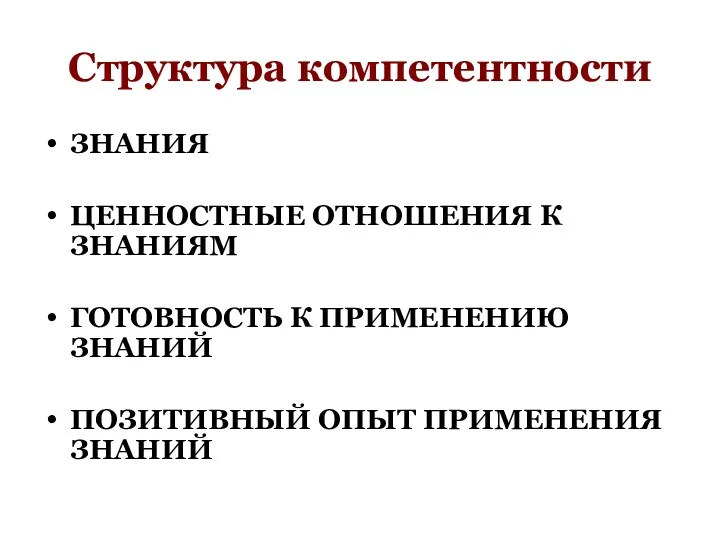 Структура компетентности ЗНАНИЯ ЦЕННОСТНЫЕ ОТНОШЕНИЯ К ЗНАНИЯМ ГОТОВНОСТЬ К ПРИМЕНЕНИЮ ЗНАНИЙ ПОЗИТИВНЫЙ ОПЫТ ПРИМЕНЕНИЯ ЗНАНИЙ