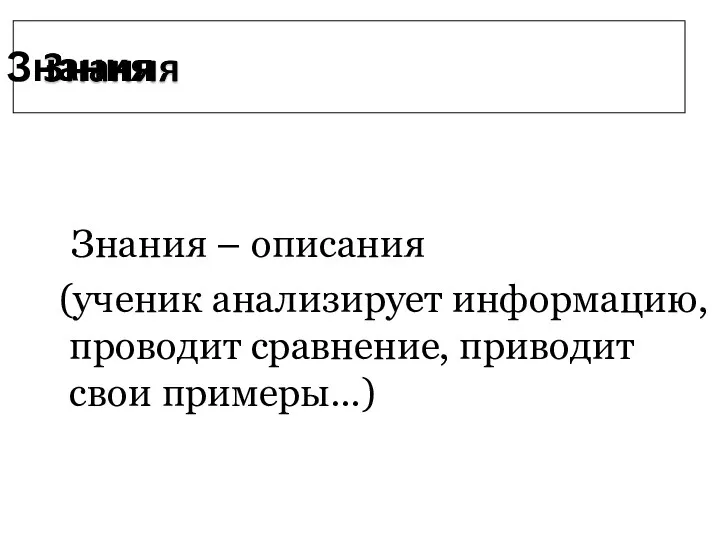 Знания – описания (ученик анализирует информацию, проводит сравнение, приводит свои примеры…) Знания