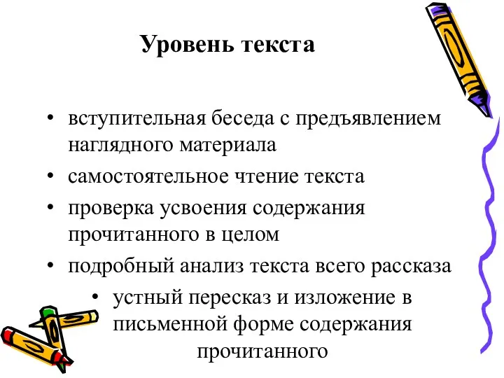 Уровень текста вступительная беседа с предъявлением наглядного материала самостоятельное чтение