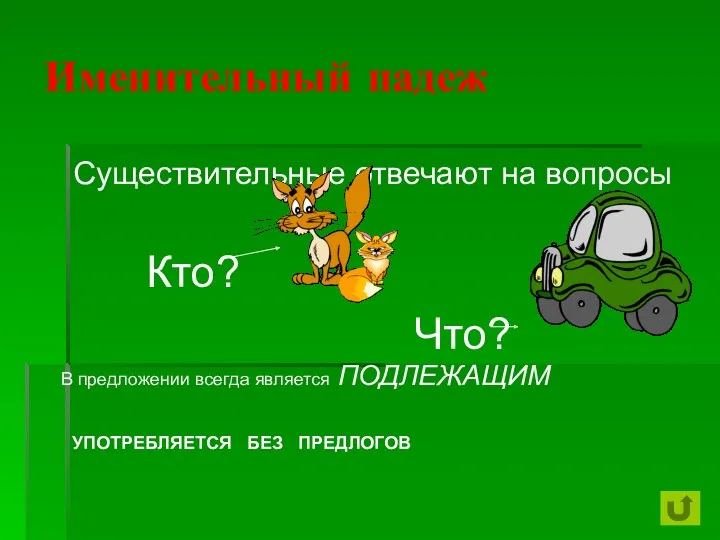 Именительный падеж Существительные отвечают на вопросы Кто? Что? В предложении всегда является ПОДЛЕЖАЩИМ УПОТРЕБЛЯЕТСЯ БЕЗ ПРЕДЛОГОВ