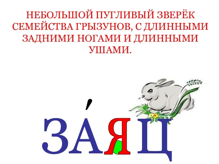 НЕБОЛЬШОЙ ПУГЛИВЫЙ ЗВЕРЁК СЕМЕЙСТВА ГРЫЗУНОВ, С ДЛИННЫМИ ЗАДНИМИ НОГАМИ И ДЛИННЫМИ УШАМИ. ЗА Ц ′ я