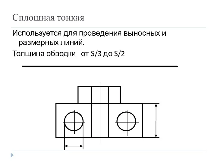 Сплошная тонкая Используется для проведения выносных и размерных линий. Толщина обводки от S/3 до S/2