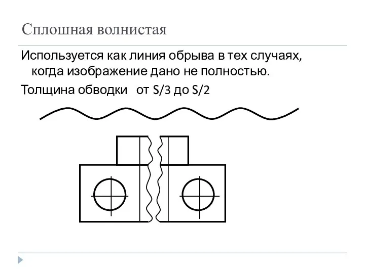 Сплошная волнистая Используется как линия обрыва в тех случаях, когда