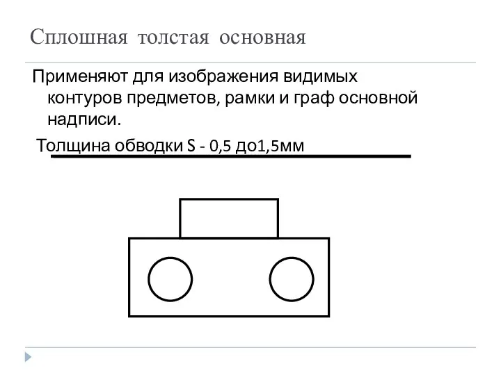 Сплошная толстая основная Применяют для изображения видимых контуров предметов, рамки