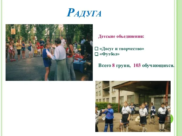 Радуга Детские объединения: «Досуг и творчество» «Футбол» Всего 8 групп, 103 обучающихся.