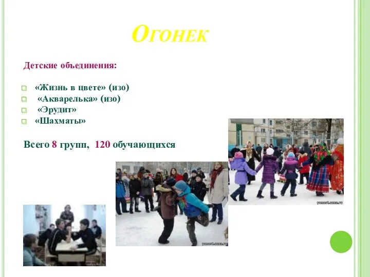 Огонек Детские объединения: «Жизнь в цвете» (изо) «Акварелька» (изо) «Эрудит» «Шахматы» Всего 8 групп, 120 обучающихся