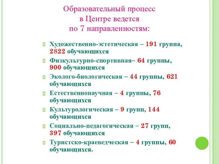 Образовательный процесс в Центре ведется по 7 направленностям: Художественно-эстетическая –