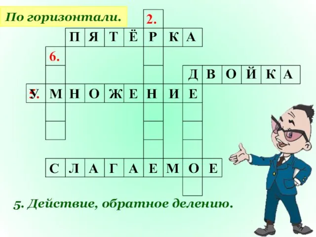 2. 6. 5. По горизонтали. 5. Действие, обратное делению. П