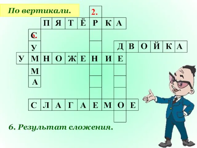 2. 6. По вертикали. 6. Результат сложения. П Я Т