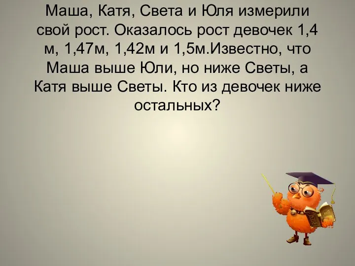 Маша, Катя, Света и Юля измерили свой рост. Оказалось рост