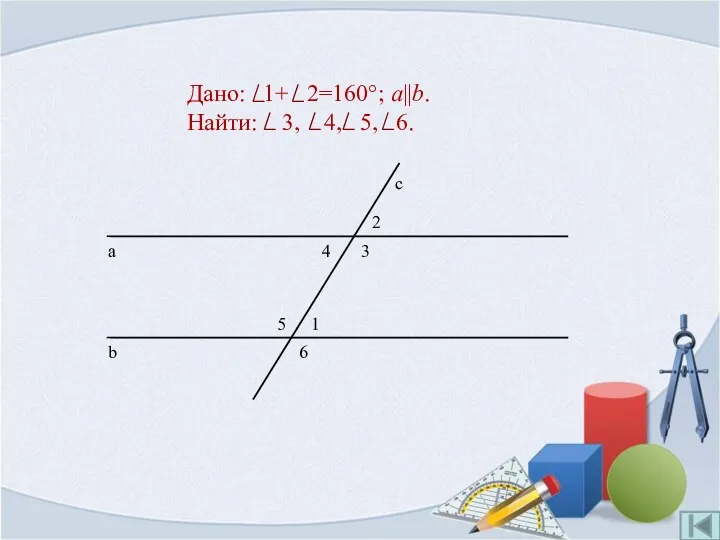 Дано: 1+ 2=160°; a||b. Найти: 3, 4, 5, 6.