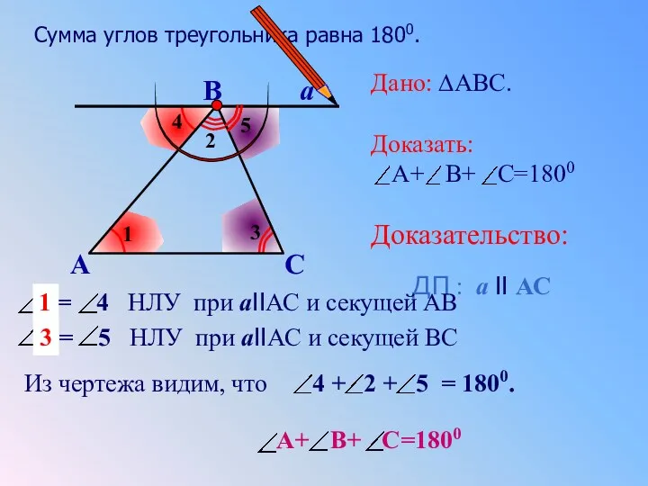 Сумма углов треугольника равна 1800. А В С а Дано:
