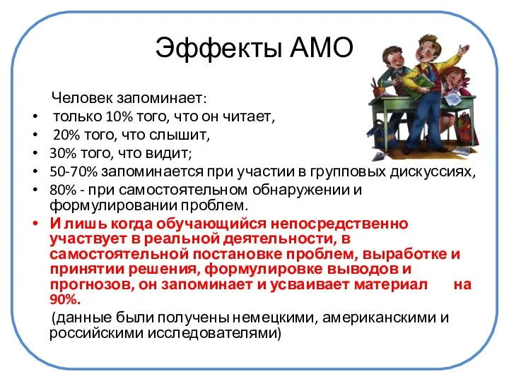 Эффекты АМО Человек запоминает: только 10% того, что он читает,