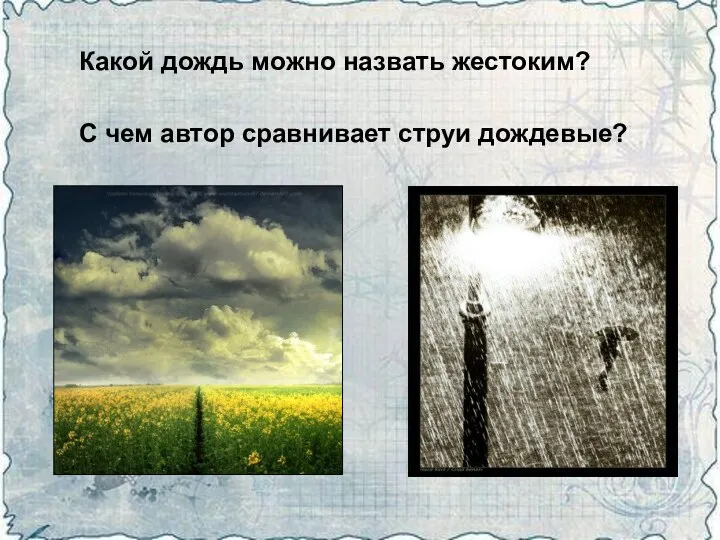 Какой дождь можно назвать жестоким? С чем автор сравнивает струи дождевые?