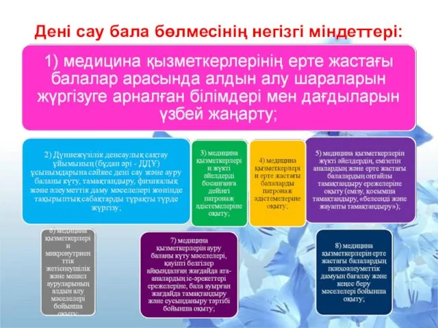 Дені сау бала бөлмесінің негізгі міндеттері: