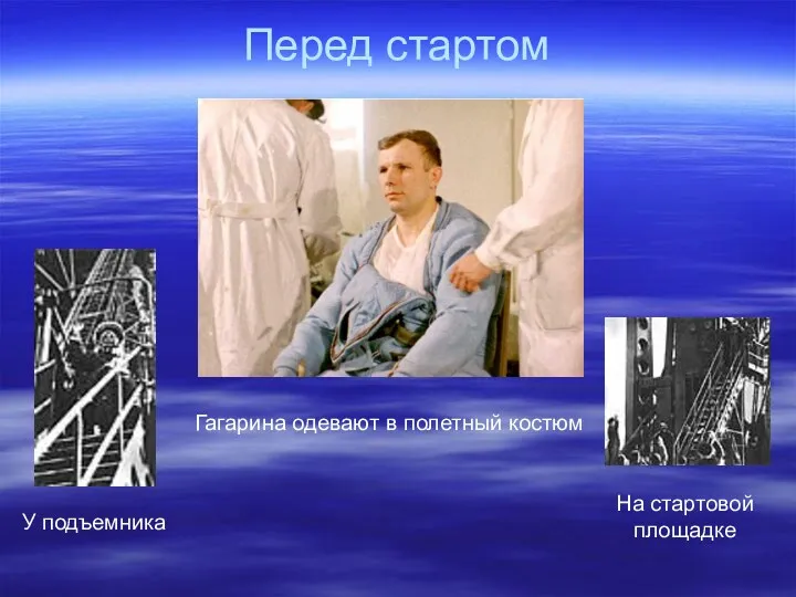Гагарина одевают в полетный костюм Перед стартом У подъемника На стартовой площадке