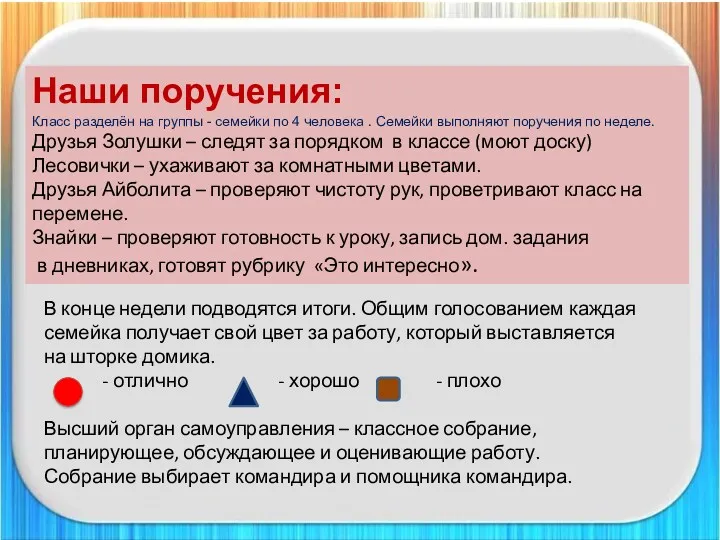 Наши поручения: Класс разделён на группы - семейки по 4 человека . Семейки