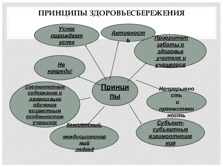 ПРИНЦИПЫ ЗДОРОВЬЕСБЕРЕЖЕНИЯ Принципы Приоритет заботы о здоровье учителя и учащегося