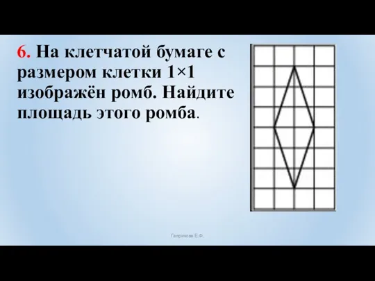 6. На клетчатой бумаге с размером клетки 1×1 изображён ромб. Найдите площадь этого ромба. Гаврикова Е.Ф.