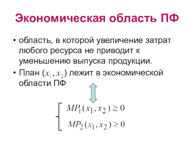 Экономическая область ПФ область, в которой увеличение затрат любого ресурса