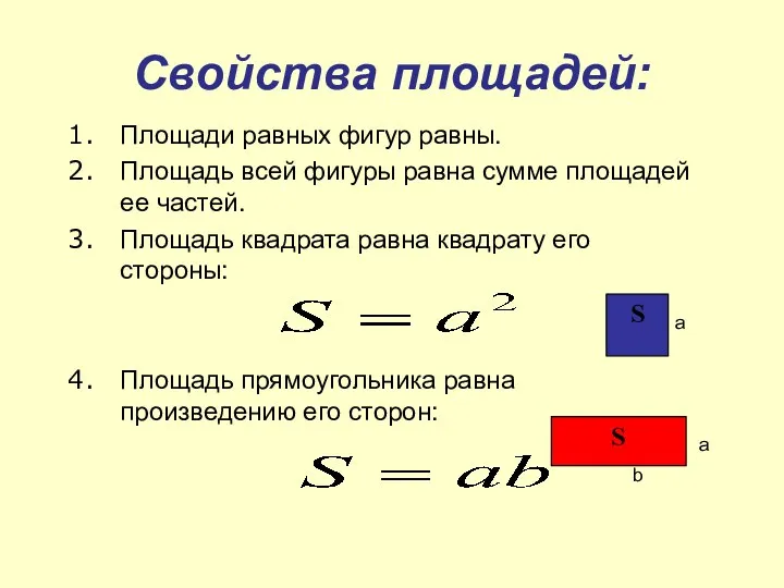 Свойства площадей: Площади равных фигур равны. Площадь всей фигуры равна сумме площадей ее