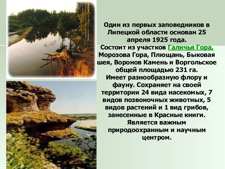 Один из первых заповедников в Липецкой области основан 25 апреля 1925 года. Состоит