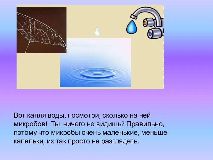 Вот капля воды, посмотри, сколько на ней микробов! Ты ничего