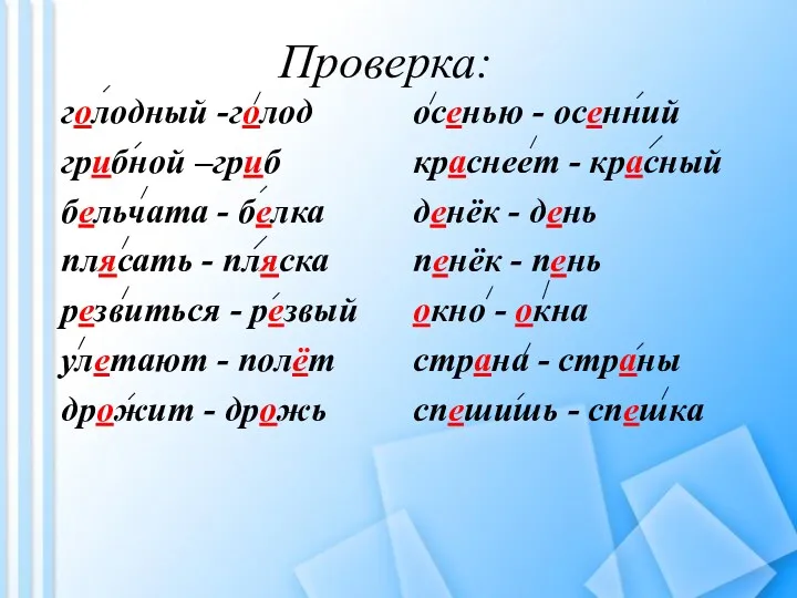 Проверка: голодный -голод грибной –гриб бельчата - белка плясать -