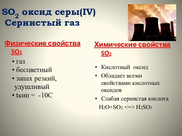 SO2 оксид серы(IV) Сернистый газ Физические свойства SO2 Химические свойства