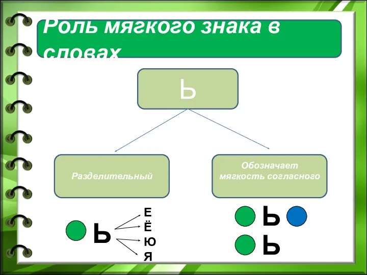 Роль мягкого знака в словах Ь Разделительный Обозначает мягкость согласного