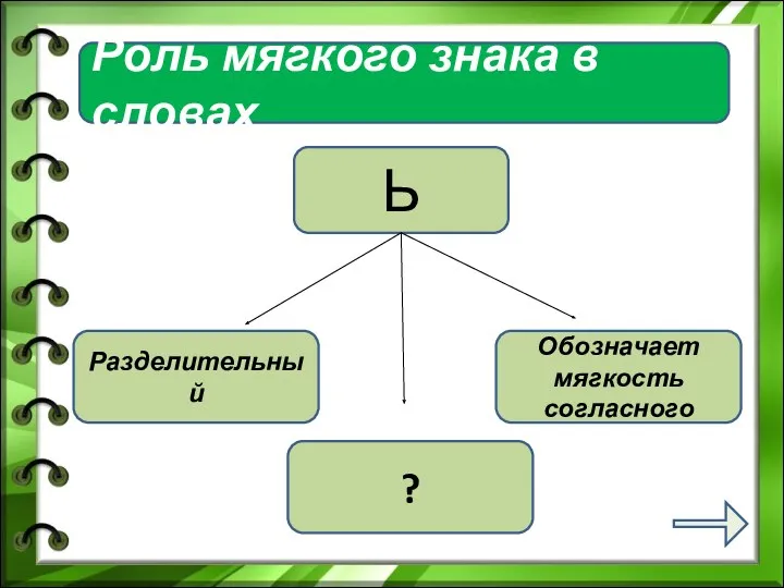 Роль мягкого знака в словах Ь Разделительный Обозначает мягкость согласного ?