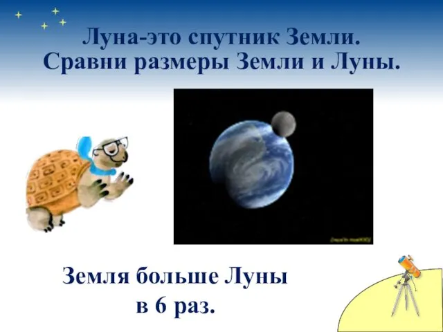 Земля больше Луны в 6 раз. Луна-это спутник Земли. Сравни размеры Земли и Луны.