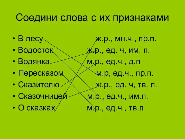 Соедини слова с их признаками В лесу ж.р., мн.ч., пр.п.