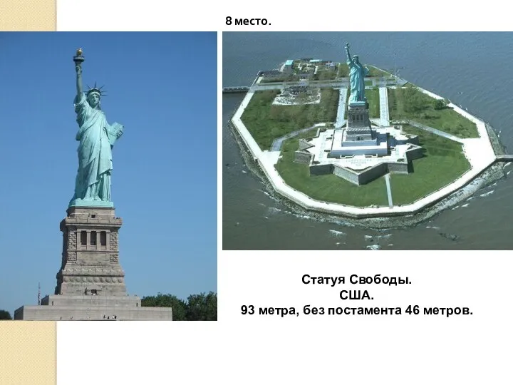 Статуя Свободы. США. 93 метра, без постамента 46 метров. 8 место.